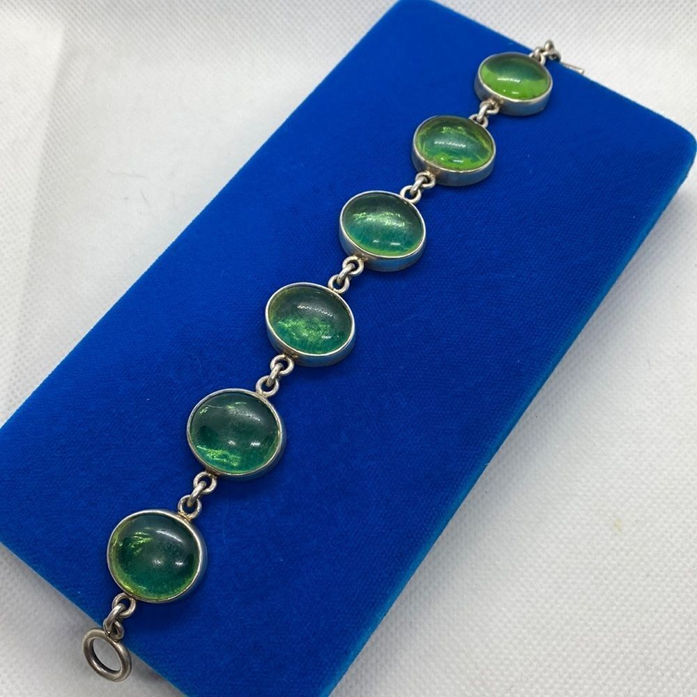 💛 Vintage Sterling Silver Israel Museum Jerusalem Green Glass Link Bracelet